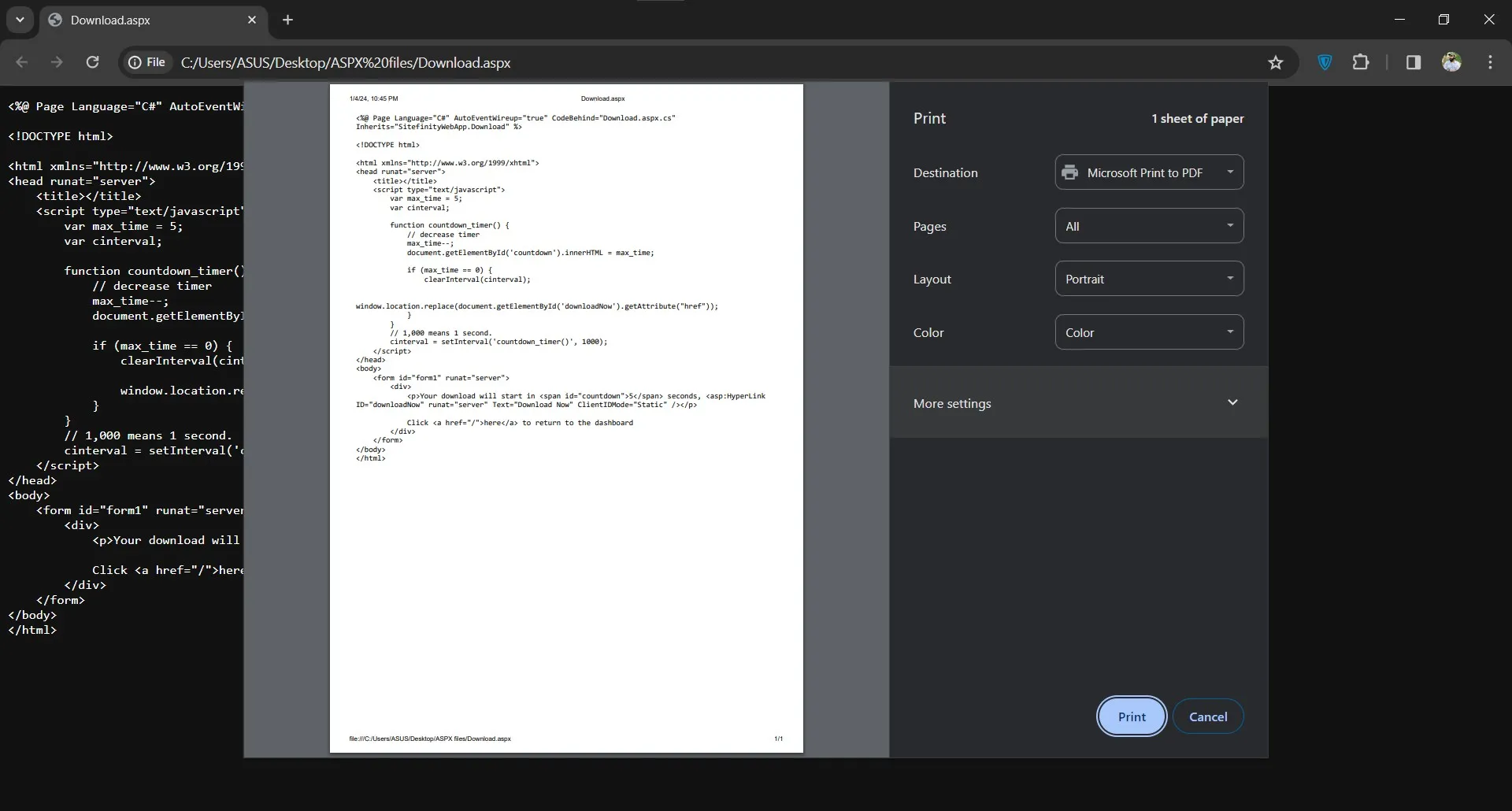 aspx to pdf print option