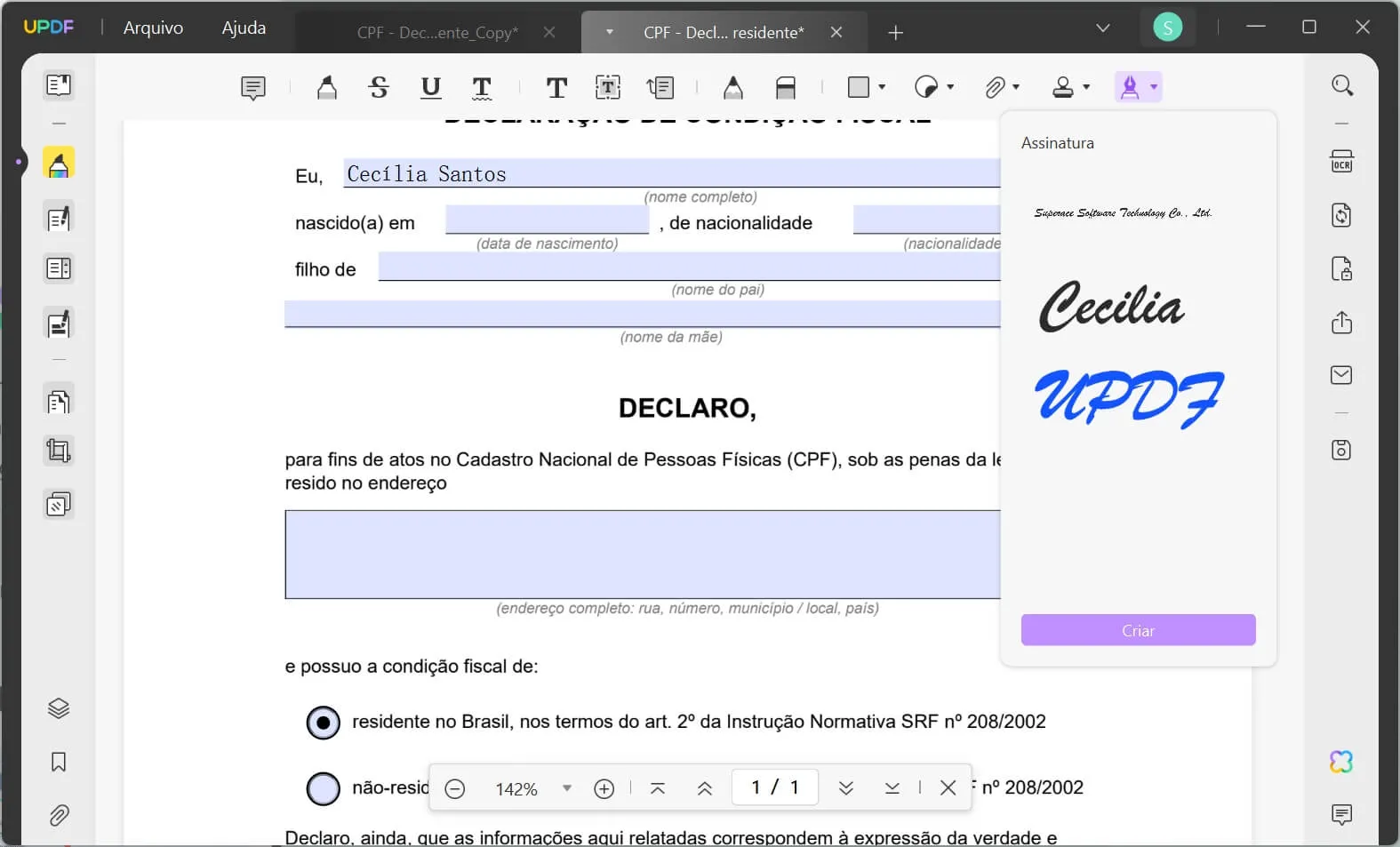 assinar eletronicamente o formulário em pdf