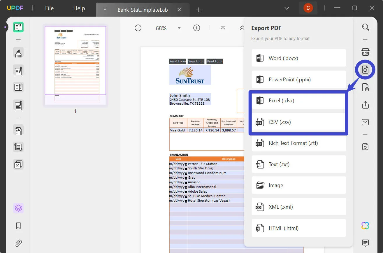 pdf bank statement to excel export icon