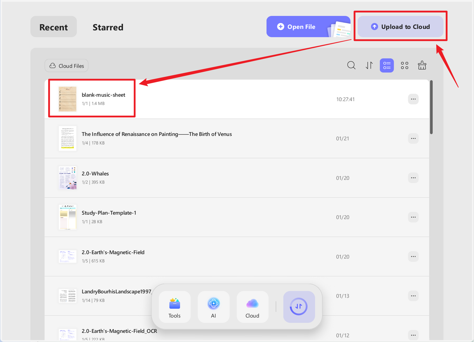 upload music sheet template to updf cloud
