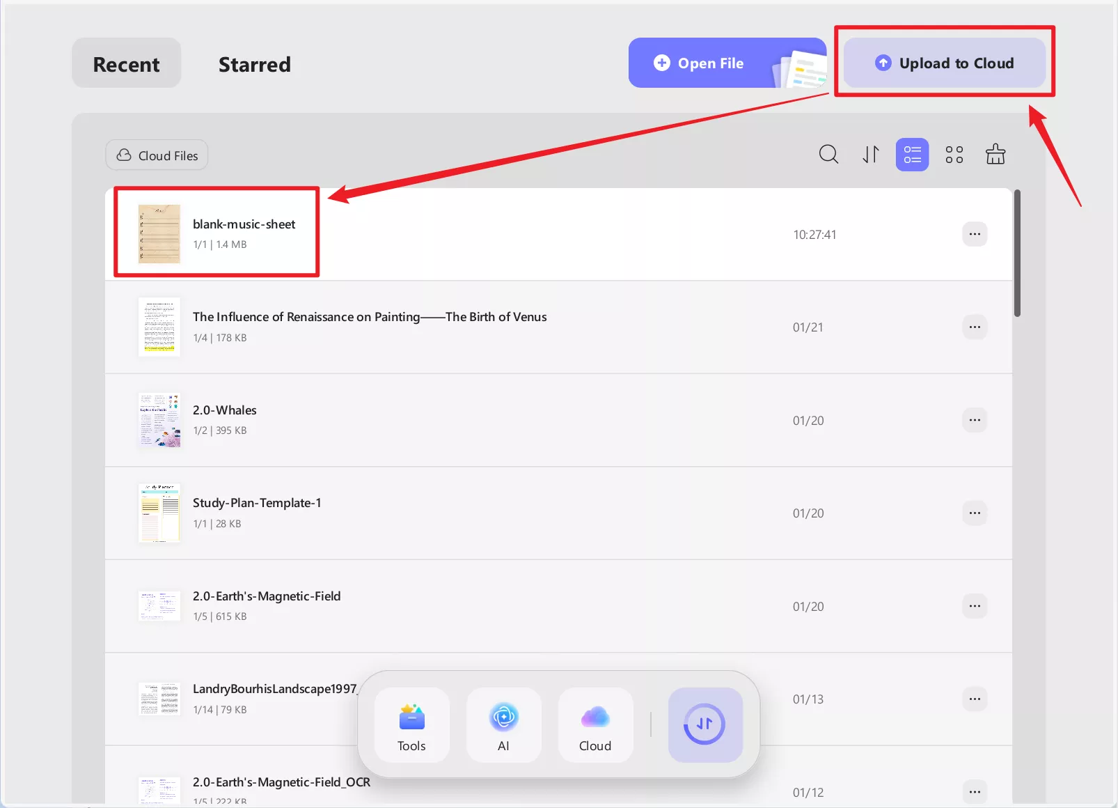 upload music sheet template to updf cloud