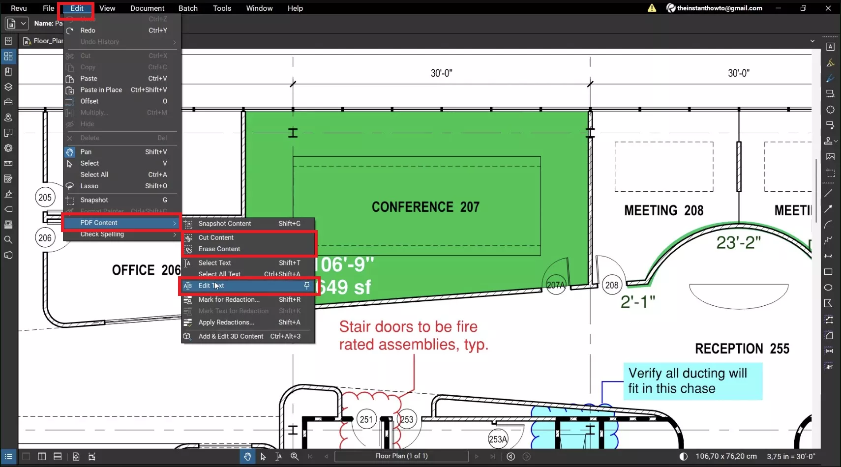 bluebeam edit text option
