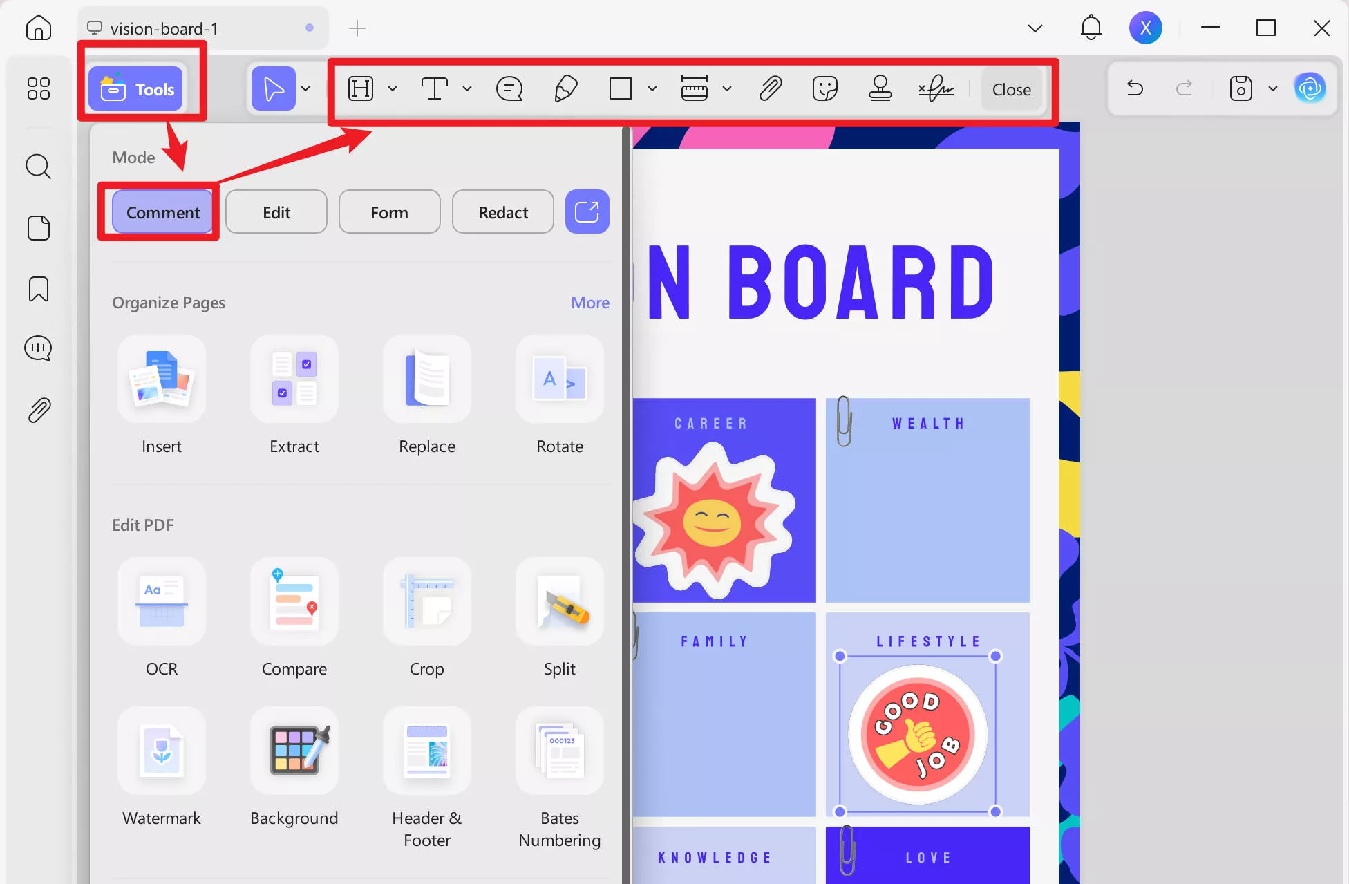 vision board template annotate