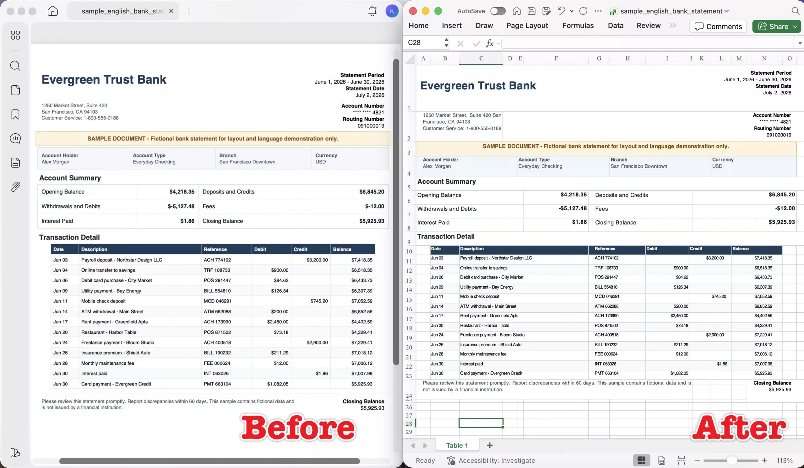convert pdf bank statement to excel before and after