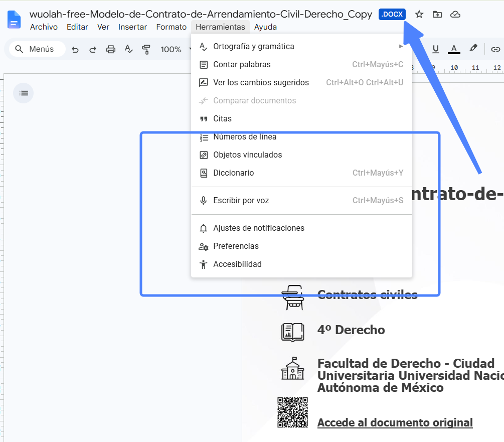 formato de docx de ducumento en google doc la función de traducción no aparece