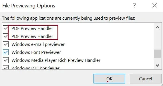PDF 미리보기 핸들러가 작동하지 않는 파일 미리보기 옵션