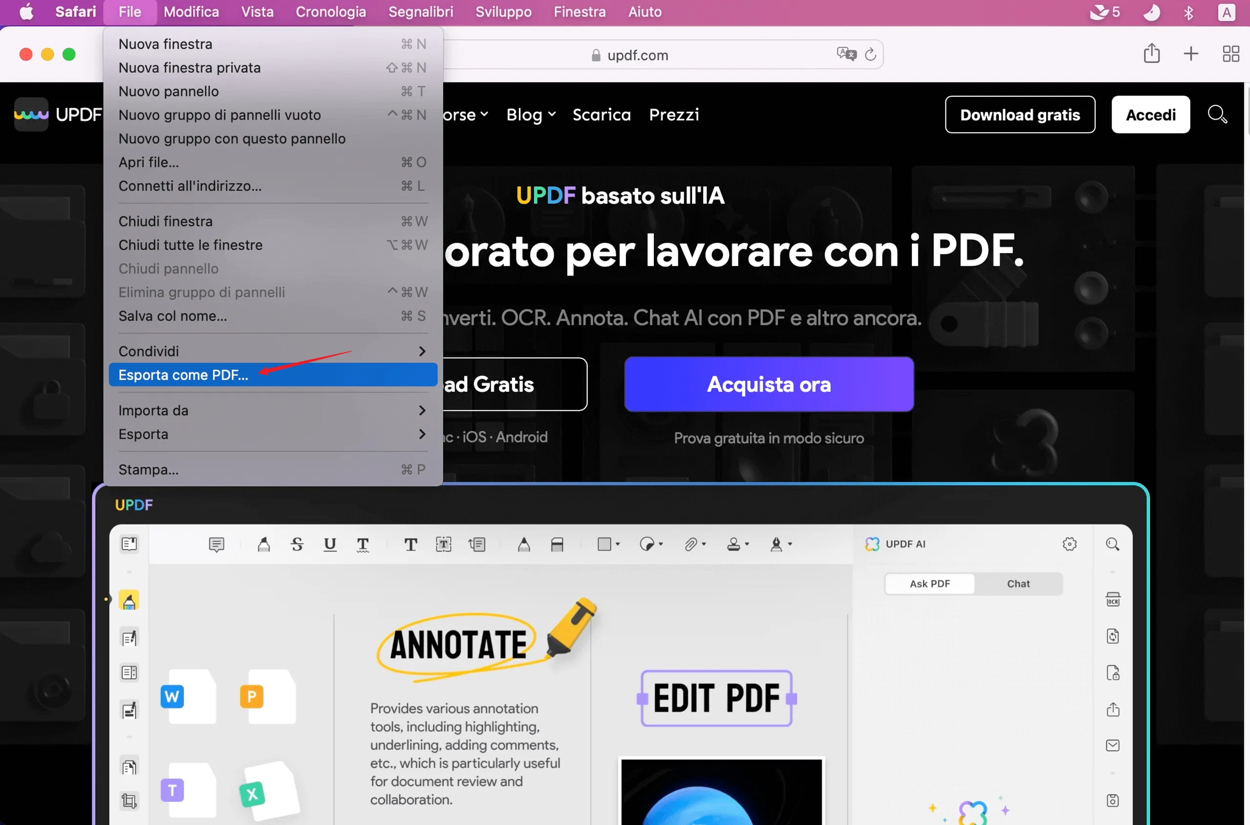 Esportare una pagina Web come PDF in Safari