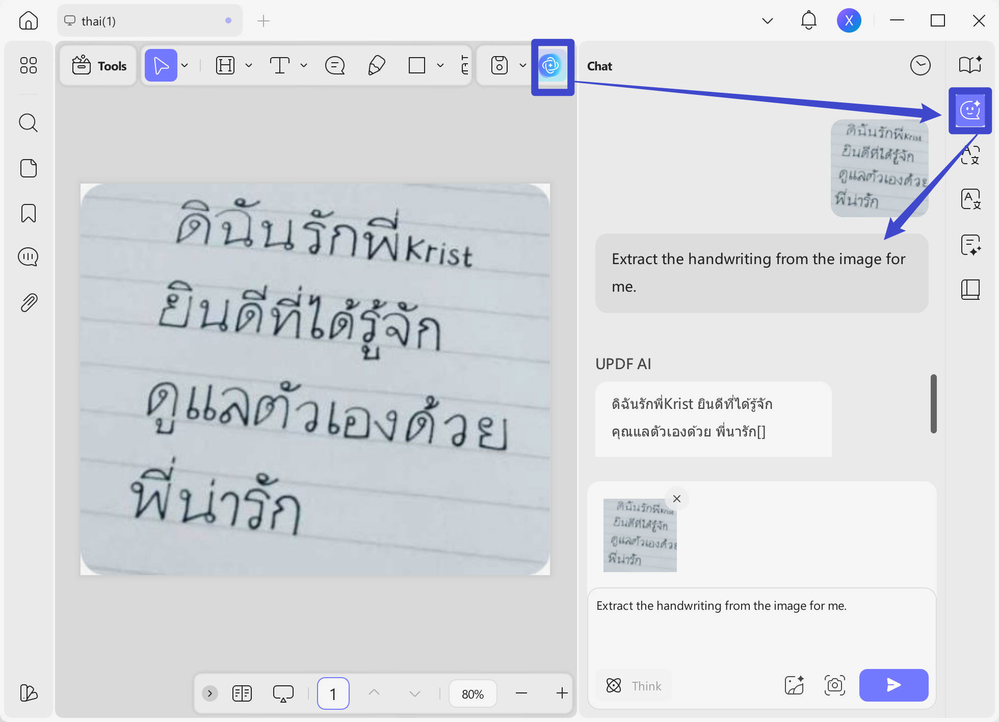 Extract handwriting text from the image with updf on windows