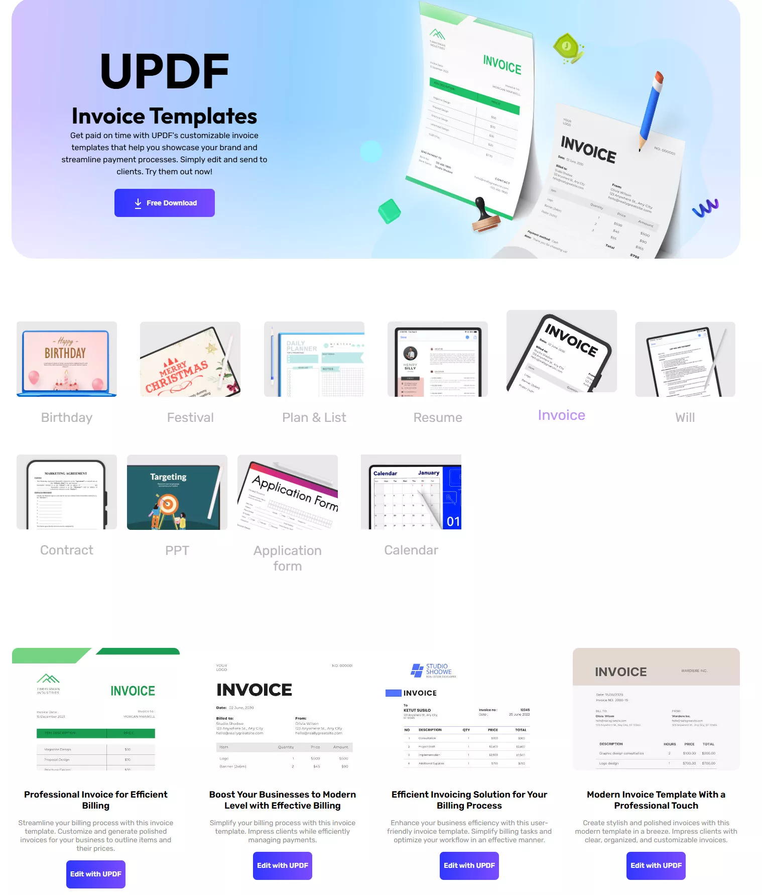 the invoice templates in UPDF