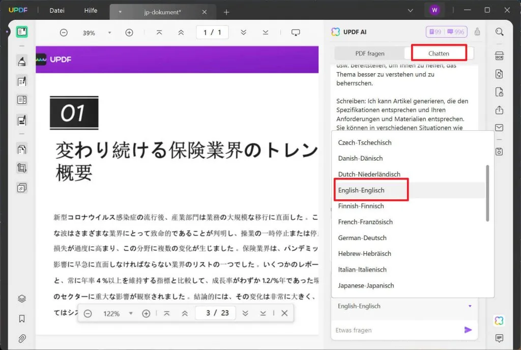 PDF mit UPDF AI von Japanisch in Englisch übersetzen