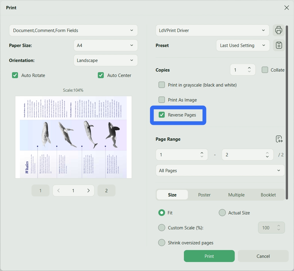 reverse order of pdf pages updf print settings