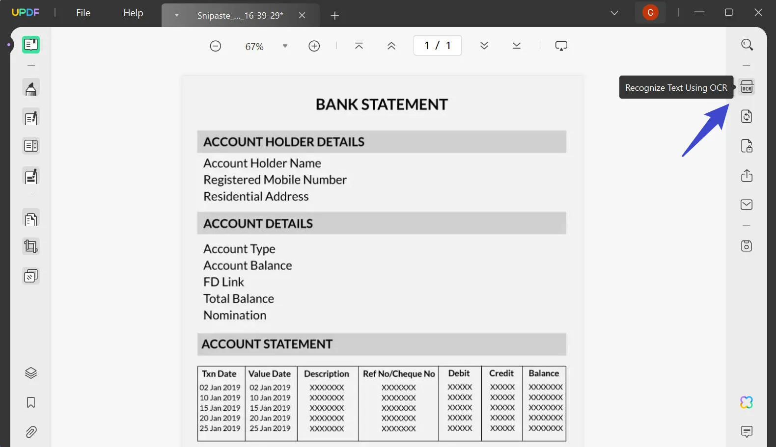 pdf bank statement to excel ocr icon