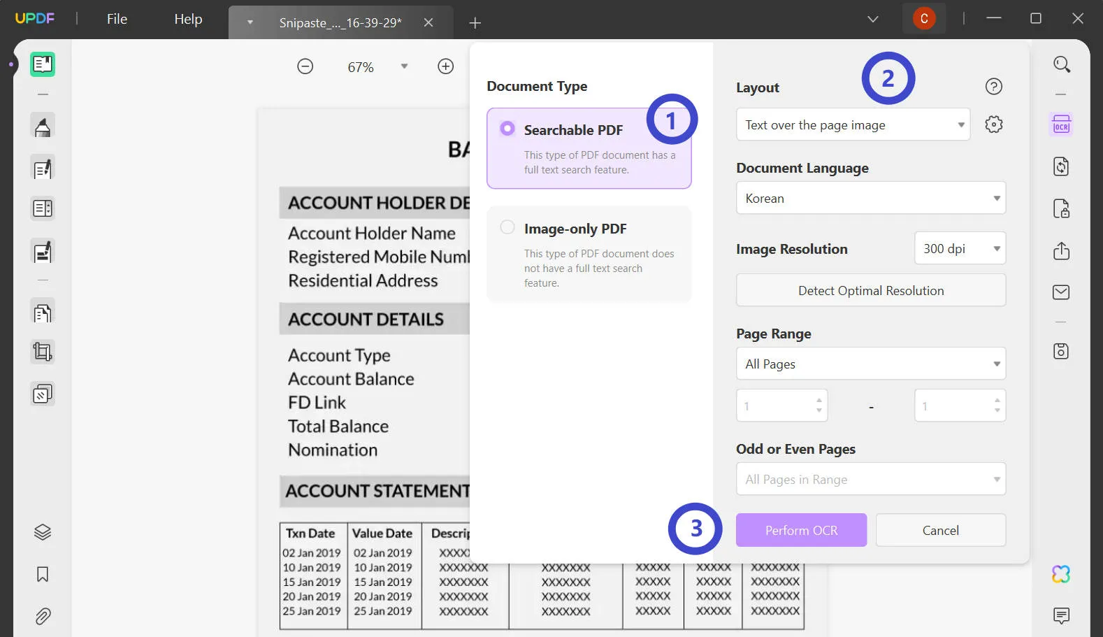 pdf bank statement to excel perform ocr