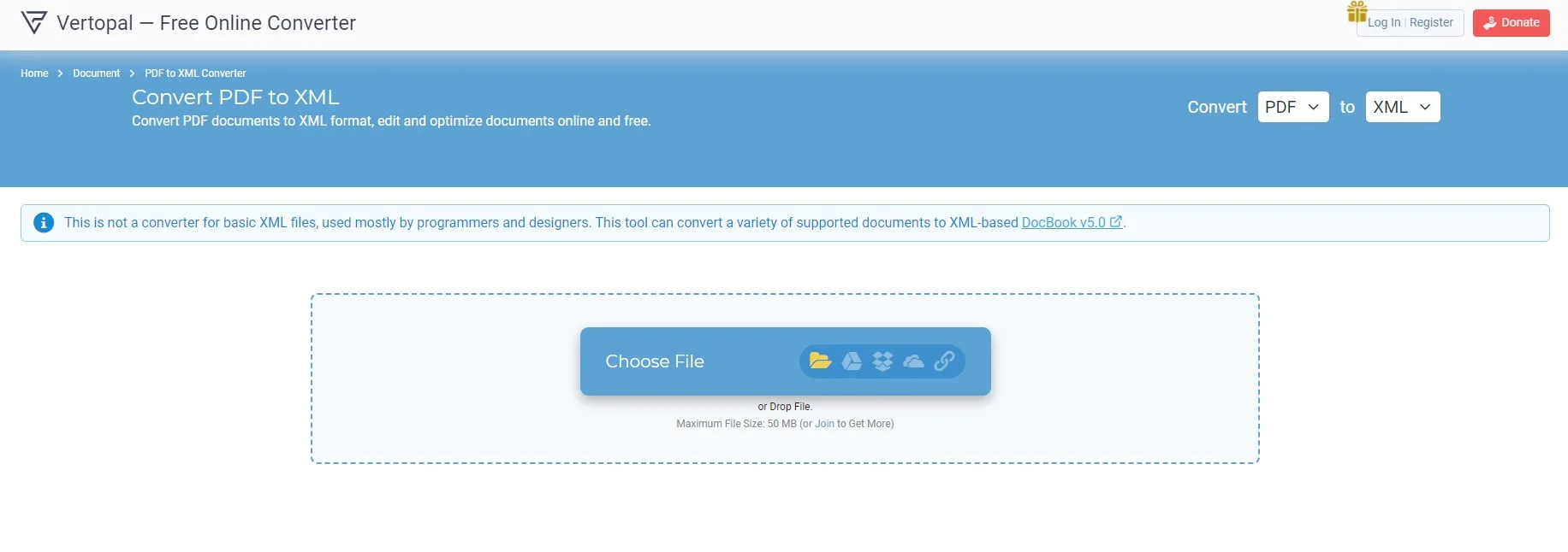 Convertire PDF in XML online con Vertopal