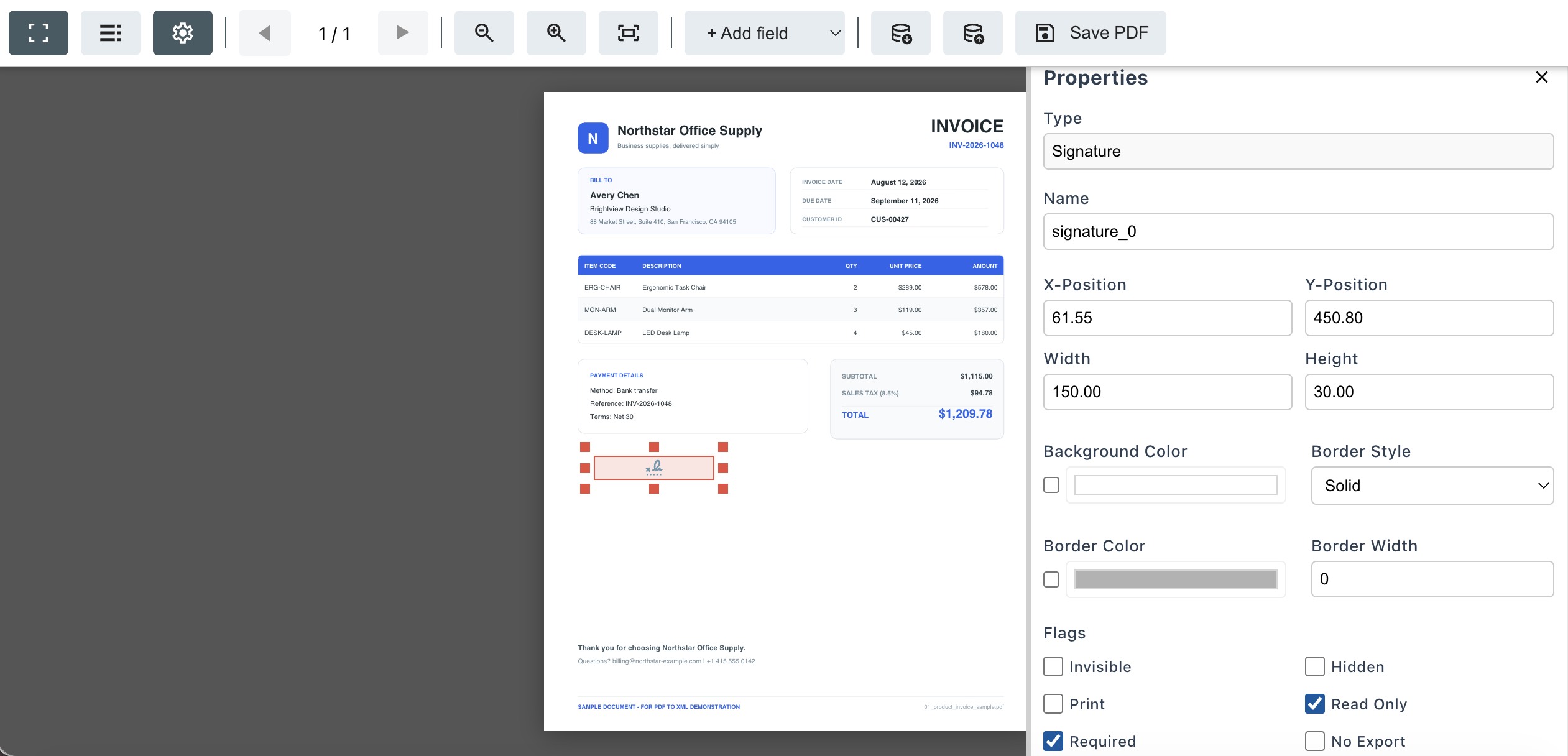 PDF24 Online form creator adding a signature field to a fillable PDF