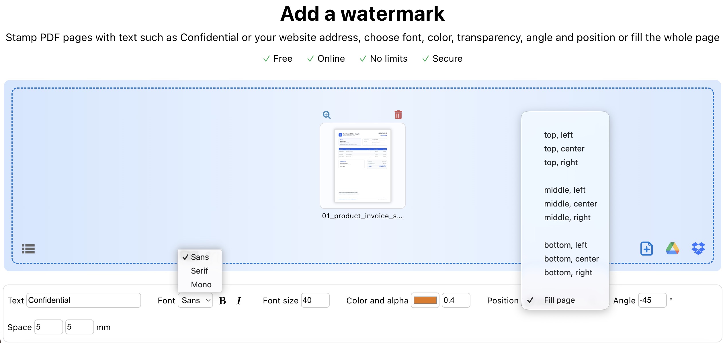 PDF24 Online watermark tool showing text-only watermark settings