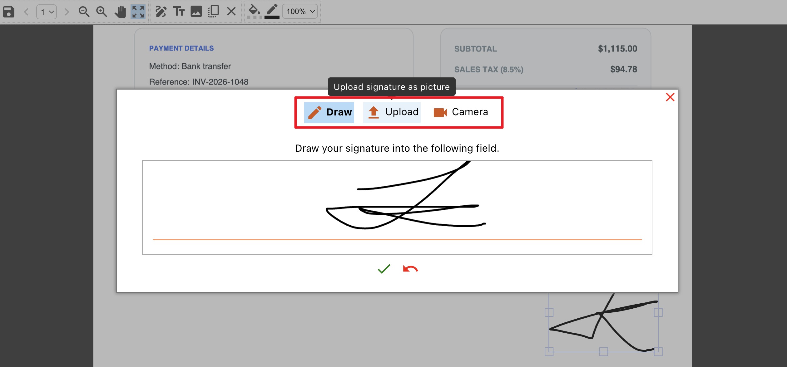 PDF24 Online signature tool offering draw, upload, and camera options for visible signatures