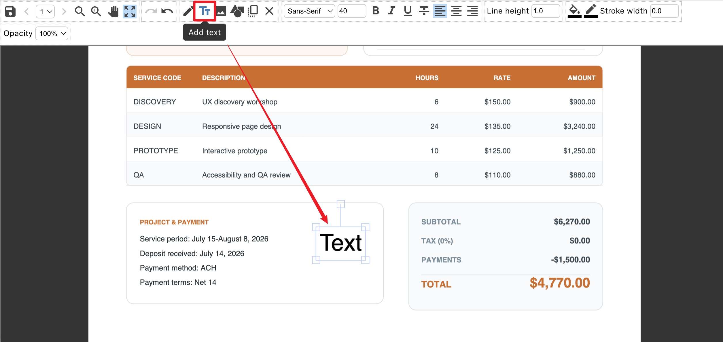 PDF24 Online editor adding new text without editing the existing PDF text