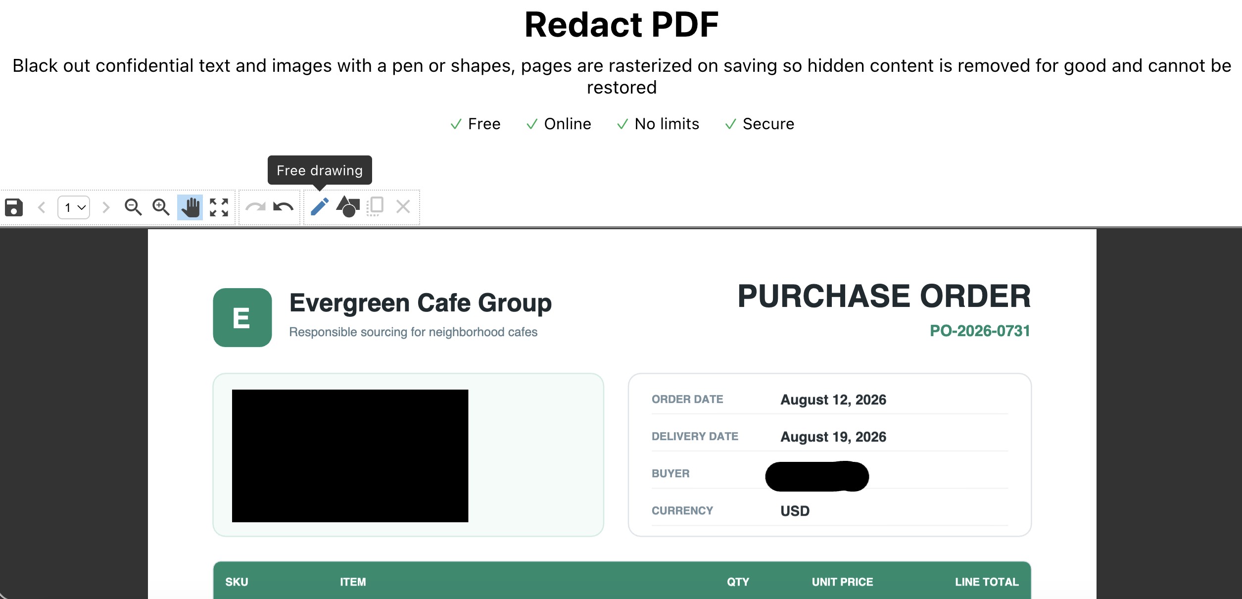 PDF24 Online redaction tool using freehand drawing and shapes instead of text selection
