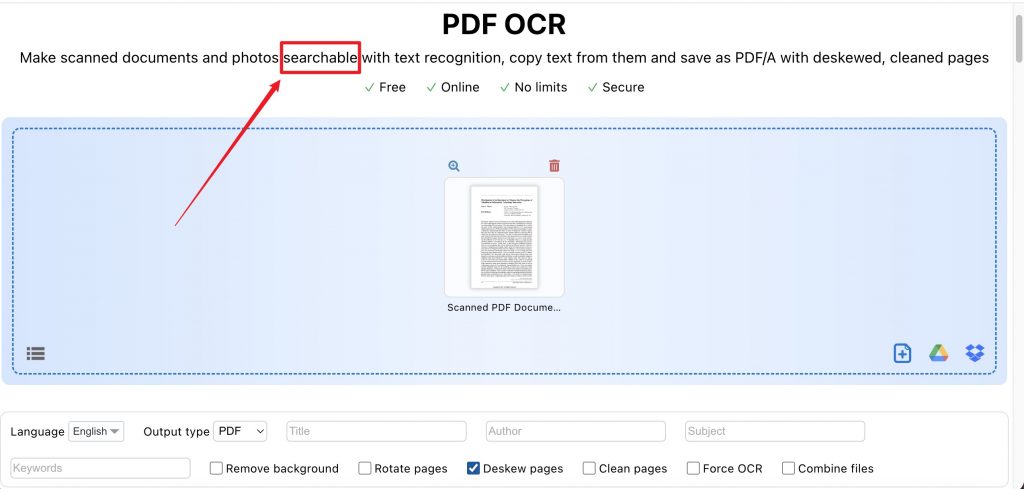 PDF24 Online OCR options for creating searchable PDF files