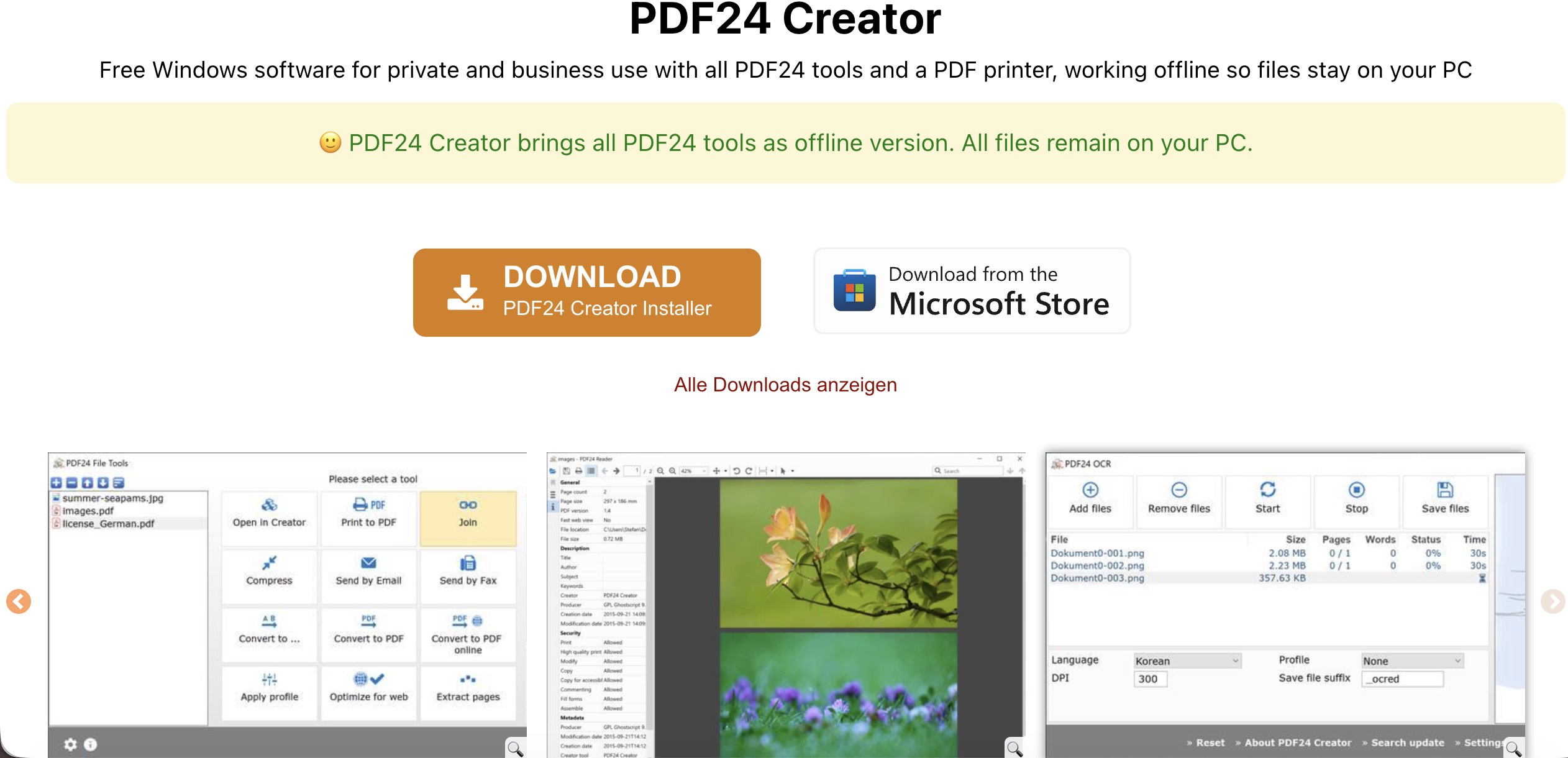 PDF24 Creator download page showing the desktop application is available for Windows only
