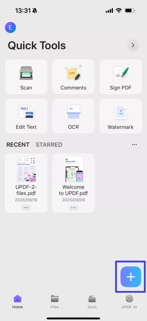 click the "+" button in the bottom right corner to upload your file.