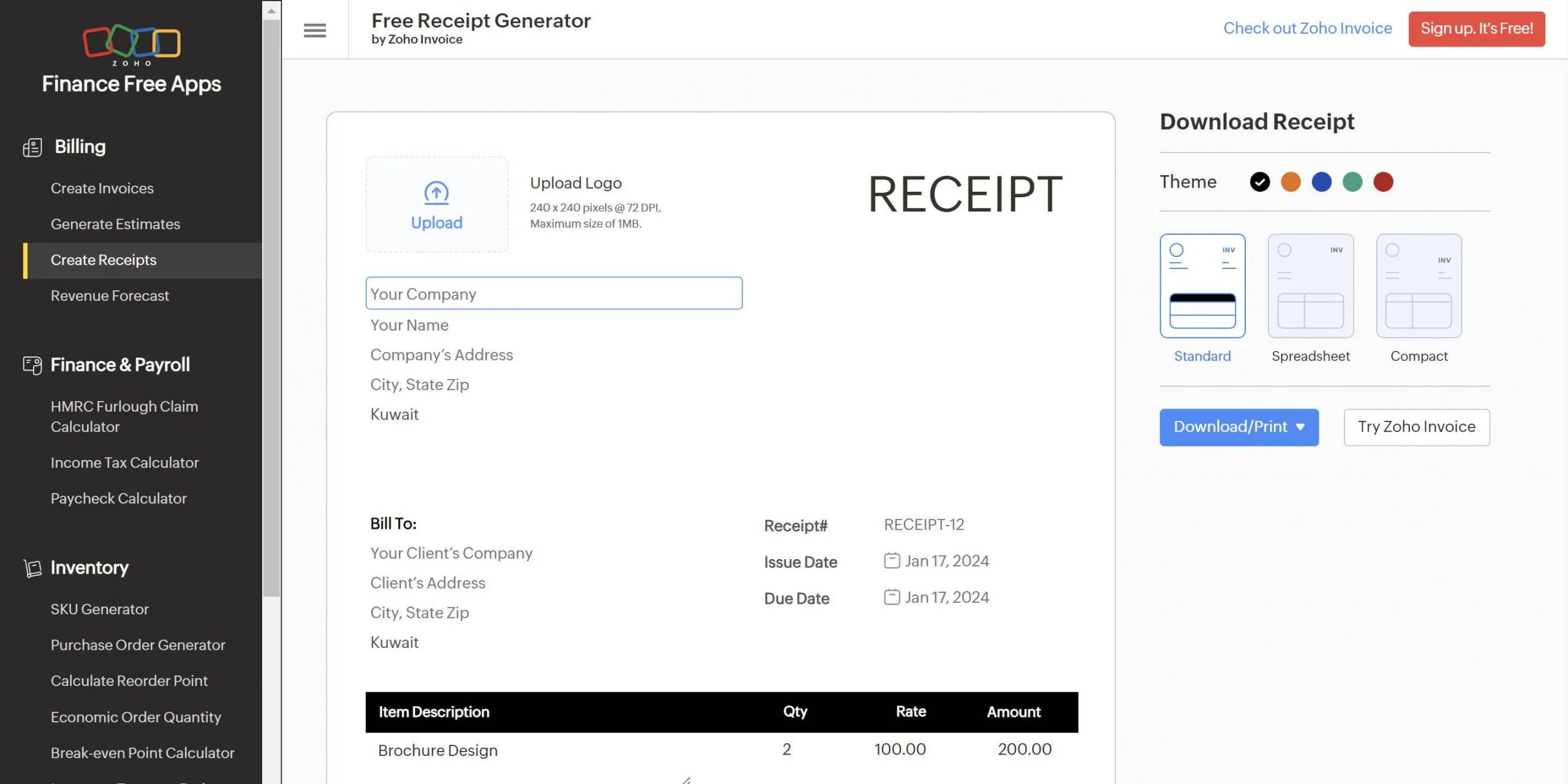 receipt generator zoho