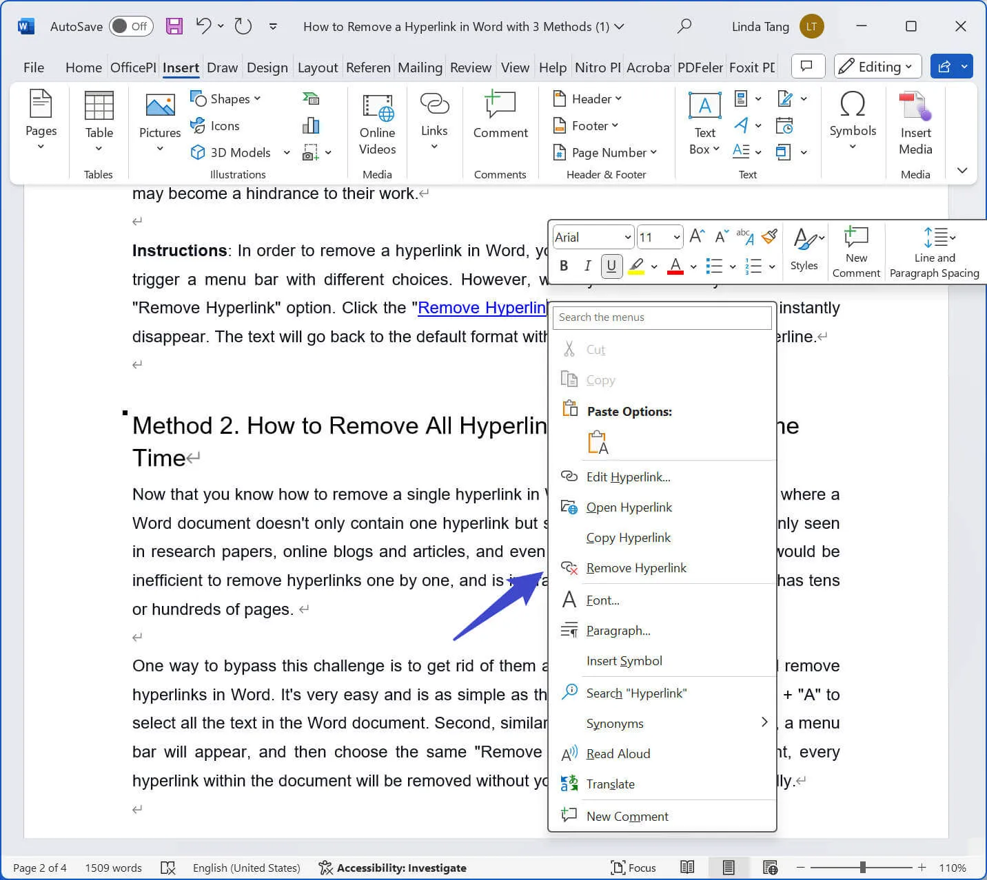 how to remove a hyperlink in word remove a hyperlink