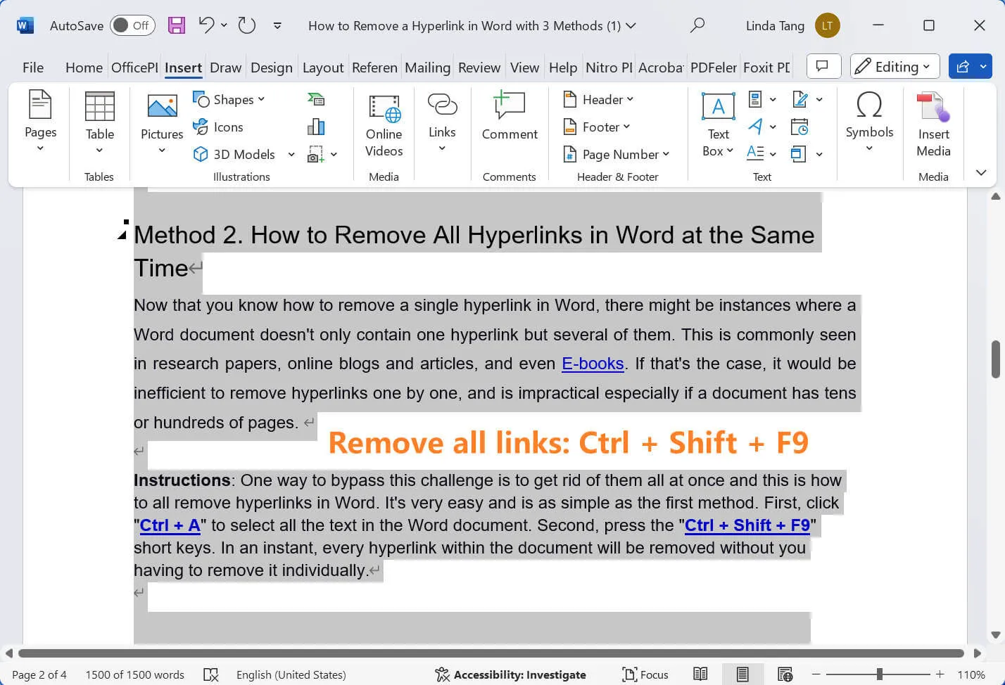 Cómo eliminar un hipervínculo en Word: eliminar todos los hipervínculos