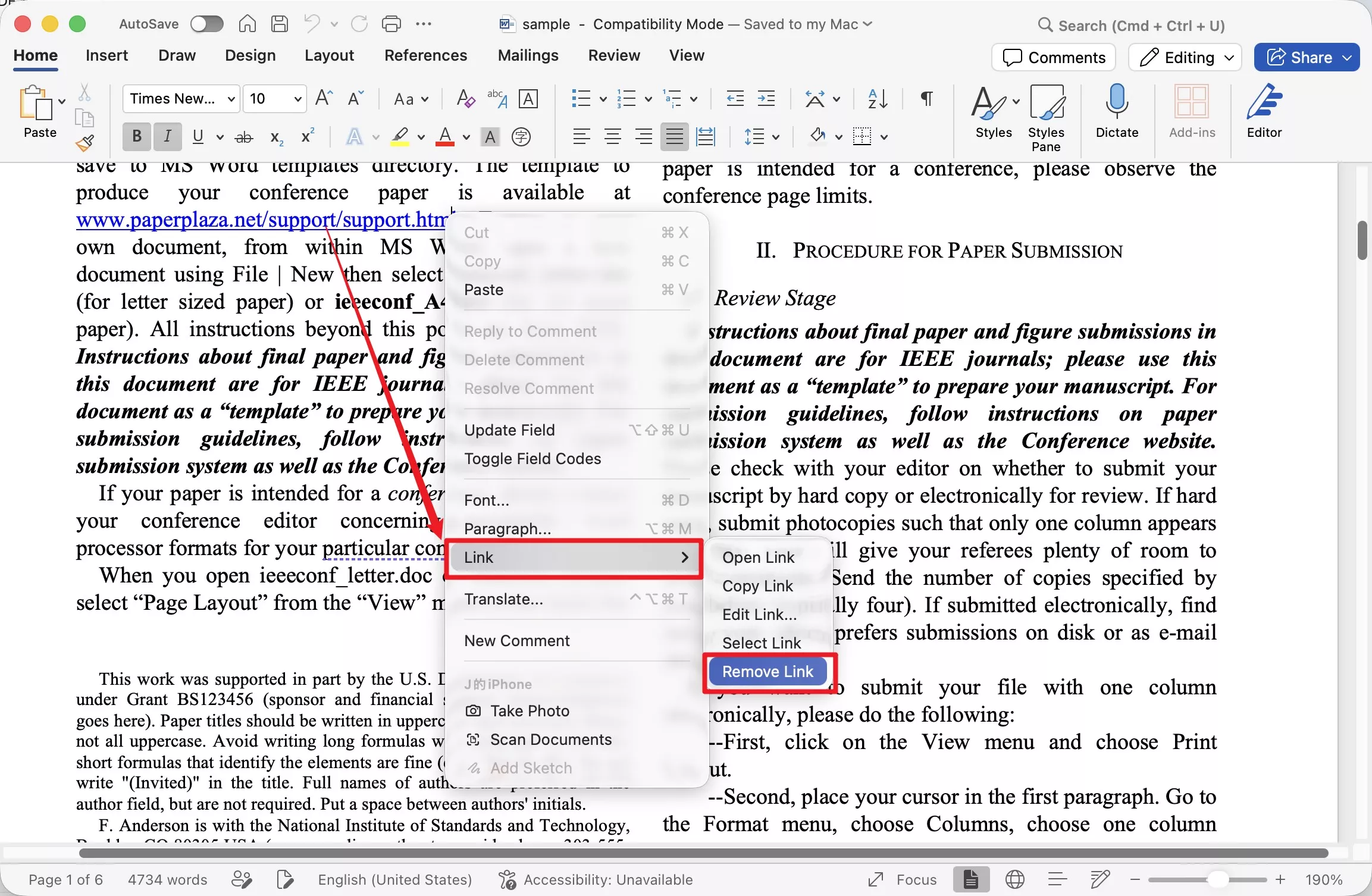 remove word hyperlink with right click