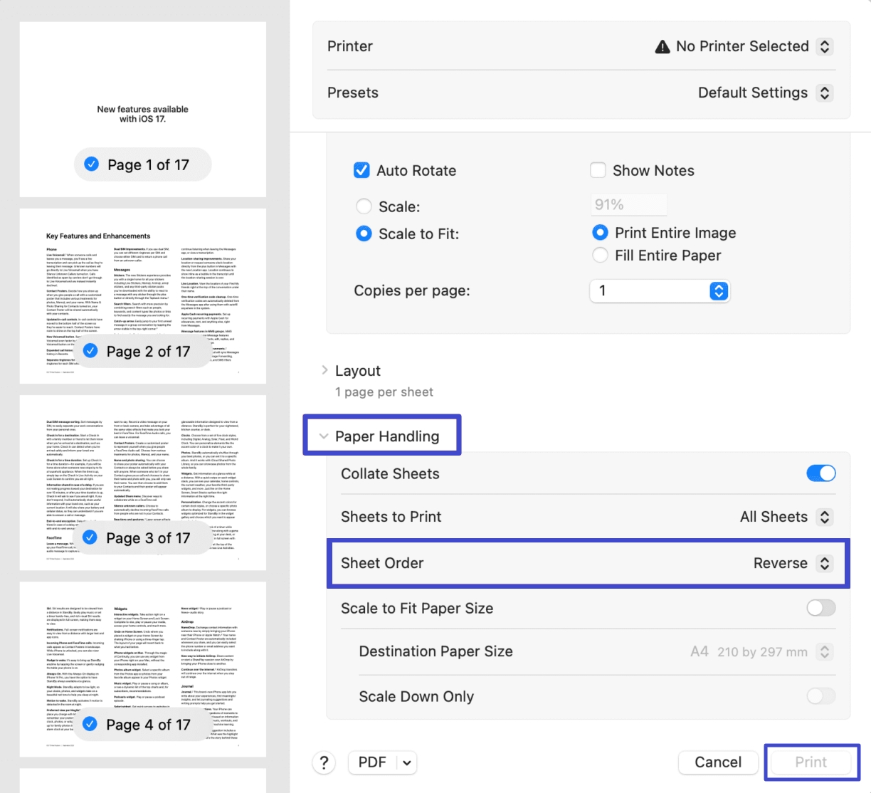Set Sheet Order to Reverse in the macOS Paper Handling print settings