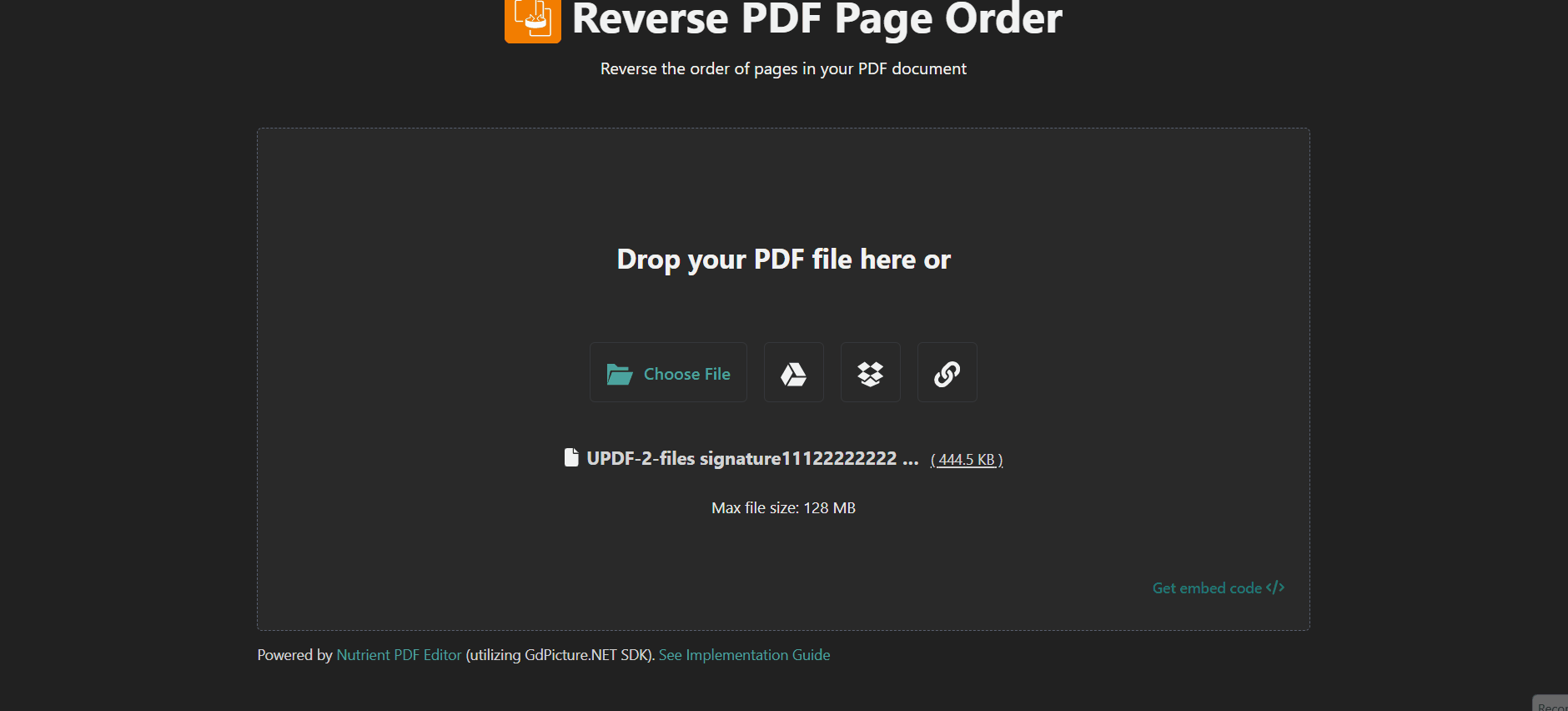 Upload a PDF to AvePDF to reverse its page order automatically