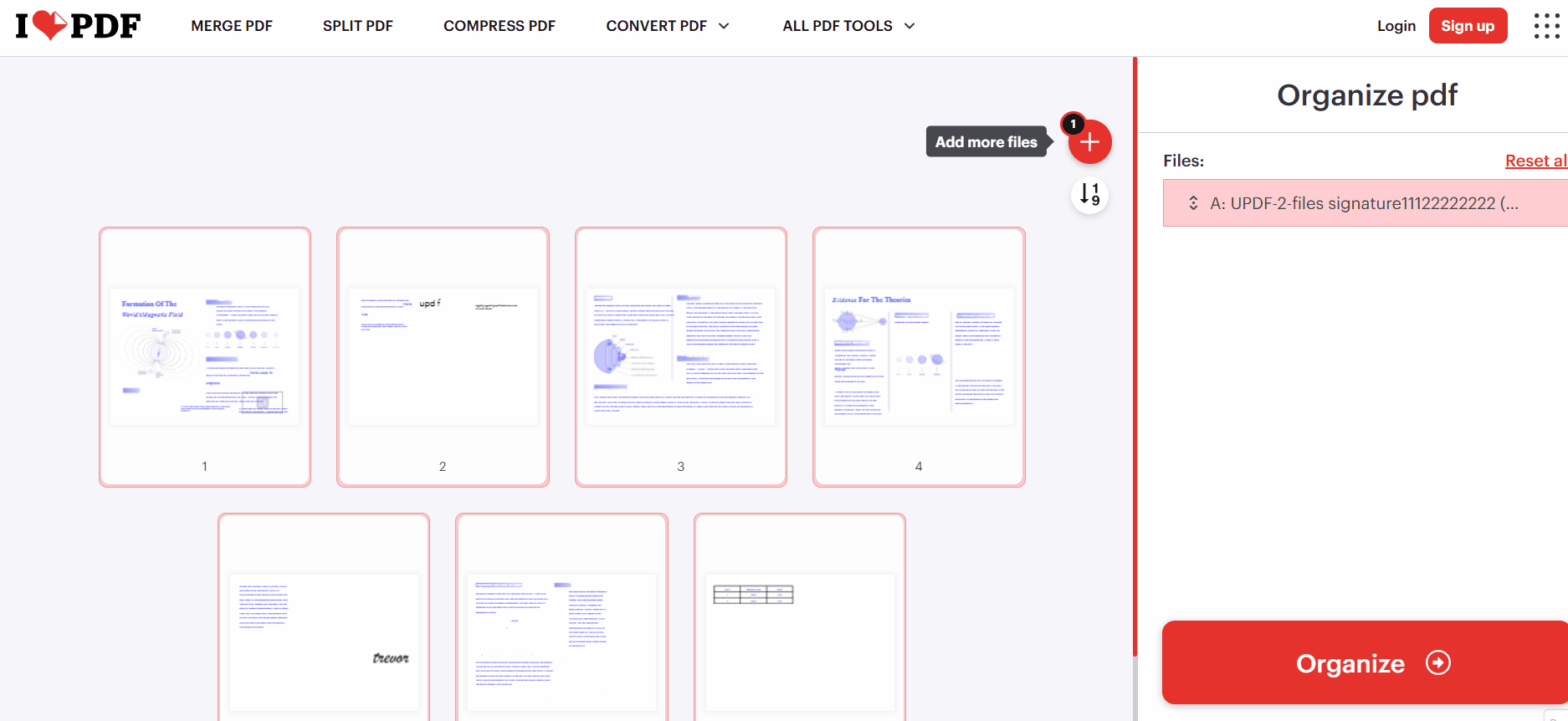 Sort iLovePDF page thumbnails into descending numerical order and download the organized PDF