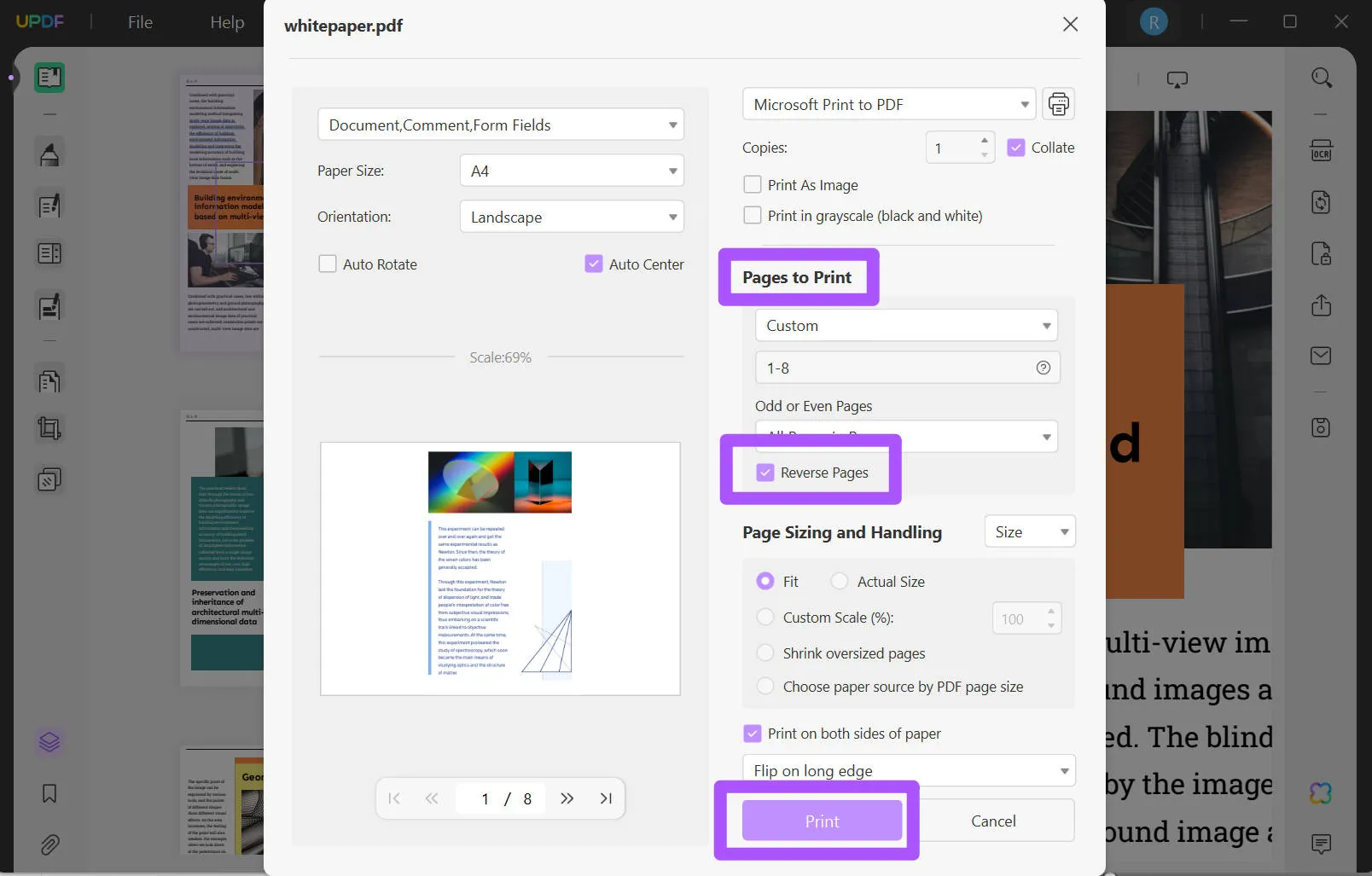 reverse order of pdf pages updf print settings