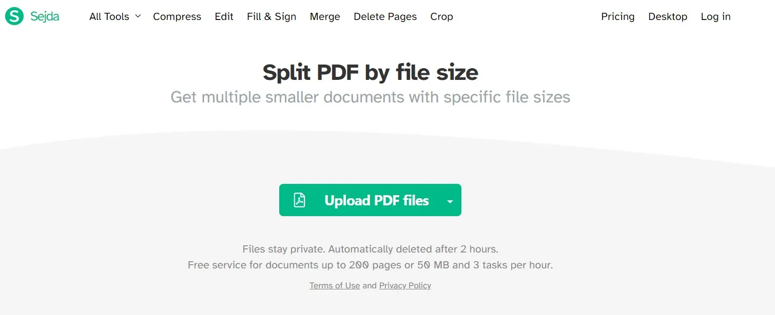 sejda split pdf by size