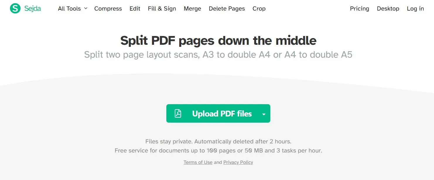 sejda split pdf down the middle