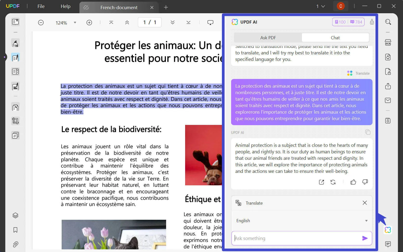 Using UPDF AI translate feature to translate french to english