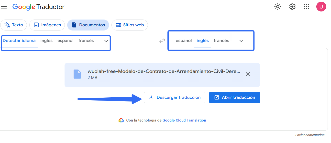 pulsa Descargar traducción en google translator
