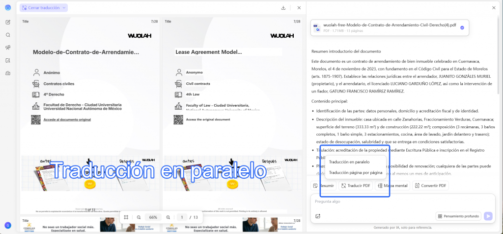 traducción en paralelo y traducción página por página en updf ia