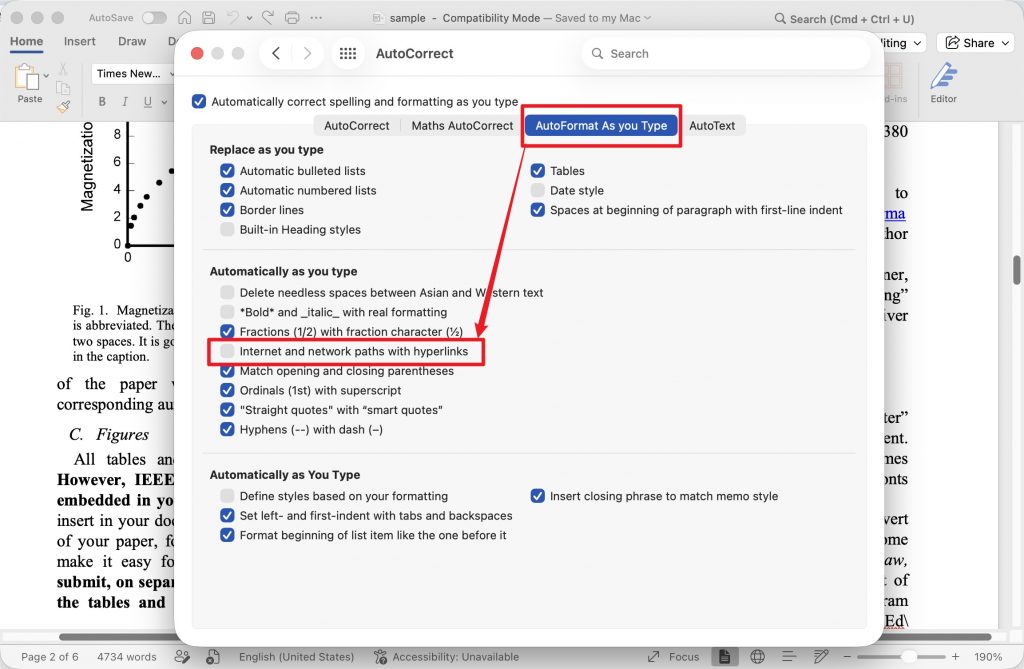 uncheck internet and network paths with hyperlinks