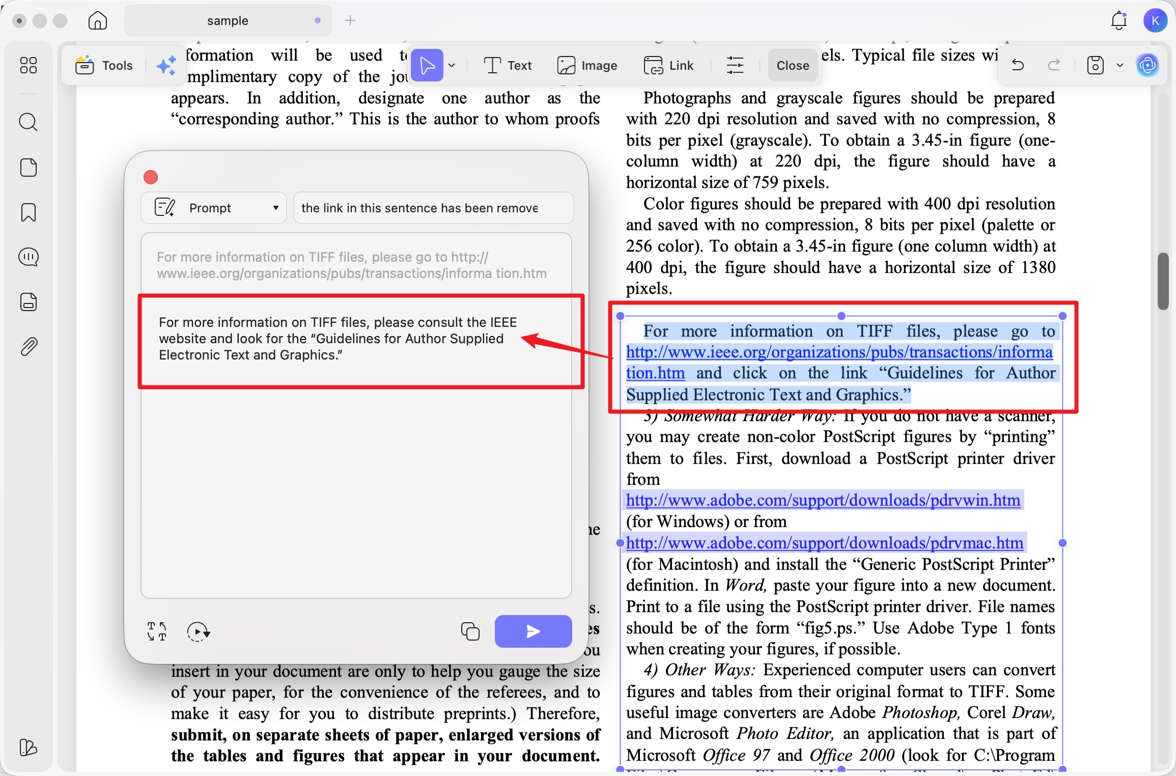 updf ai refine the surrounding text without hyperlink