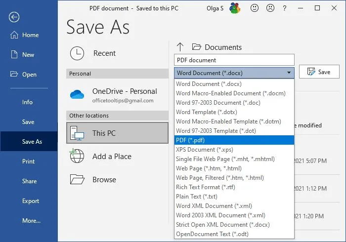 wordpad to pdf word save