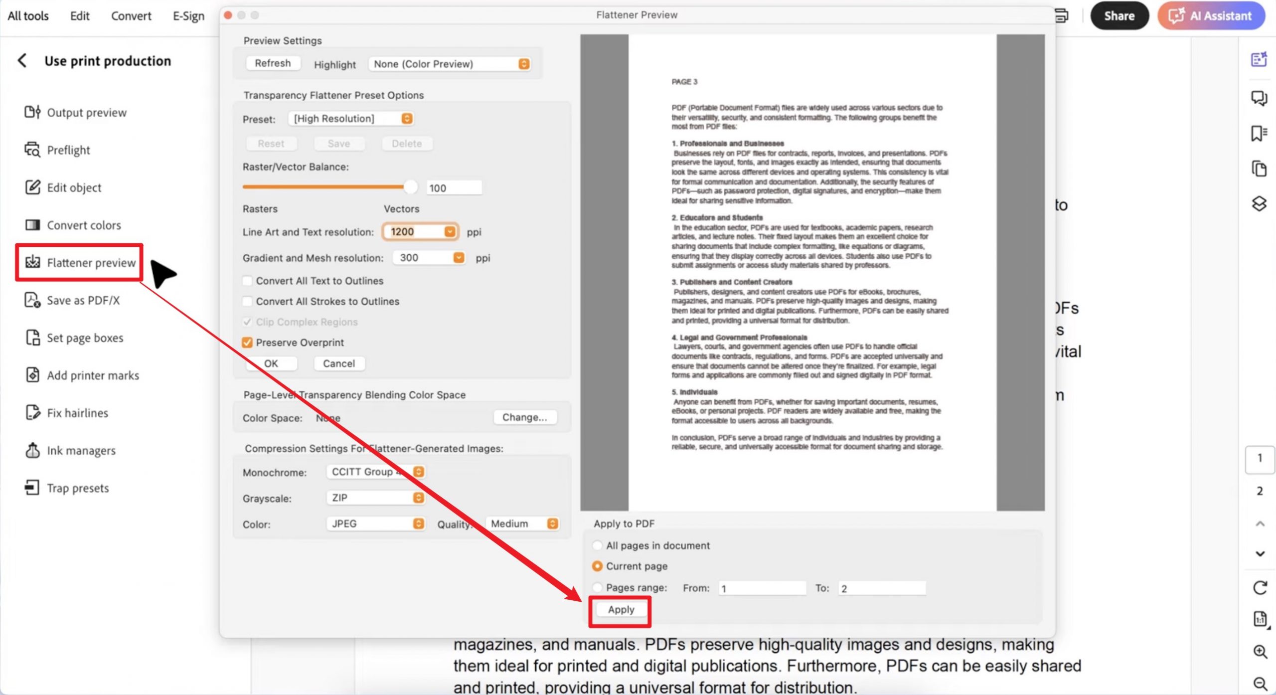 click flatten preview in acrobat