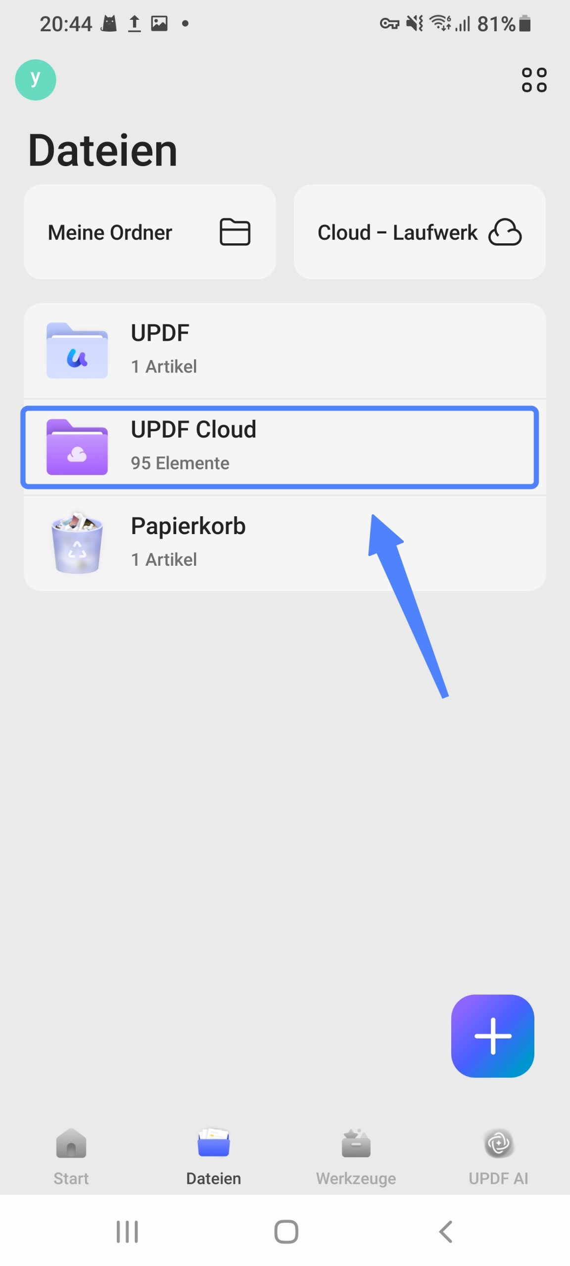 im Bereich „Dateien“ auf „UPDF Cloud“ tippen