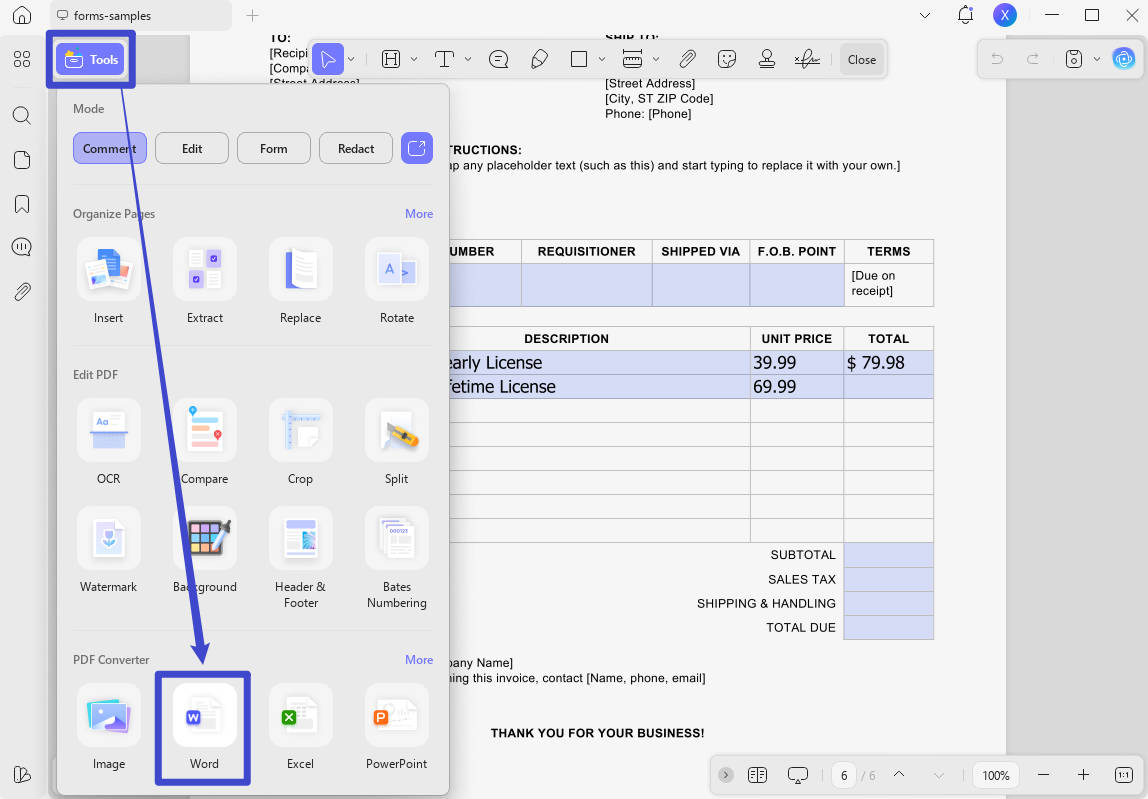 character count pdf export to word