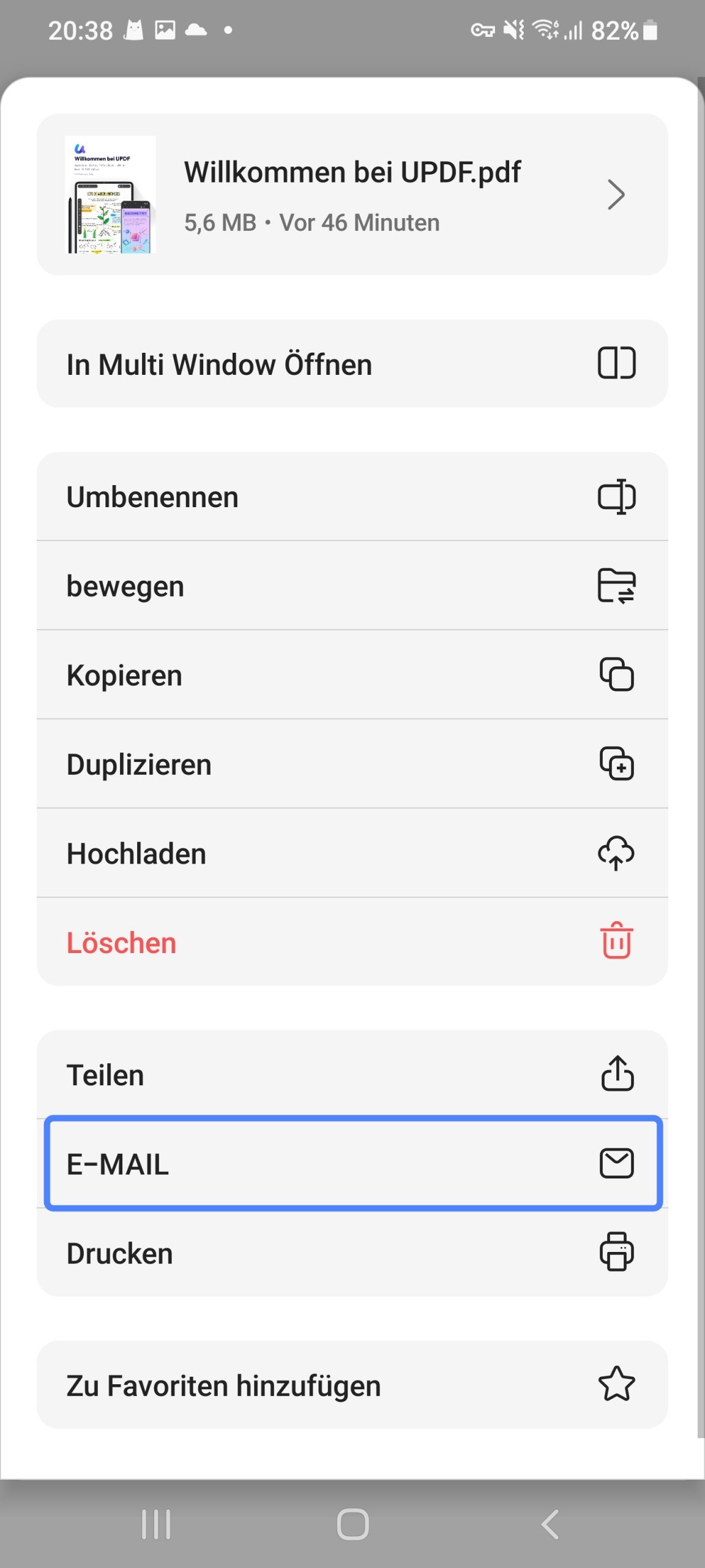 Tippen Sie auf das E-Mail-Symbol in UPDF Android.