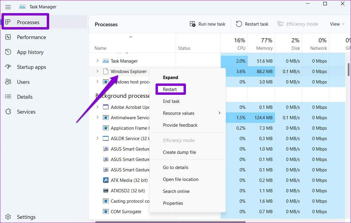 El panel de vista previa de PDF no funciona, reinicie el explorador de archivos