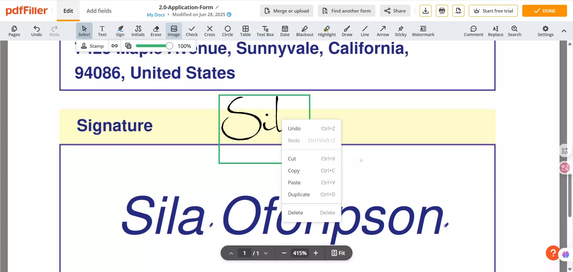 Selecione a ferramenta de seleção e copie a assinatura.