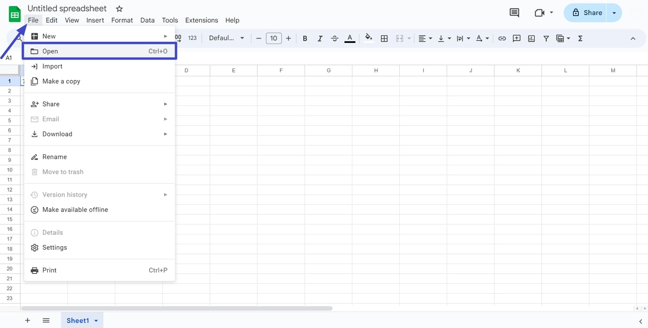 insert pdf into google sheets click on the open button