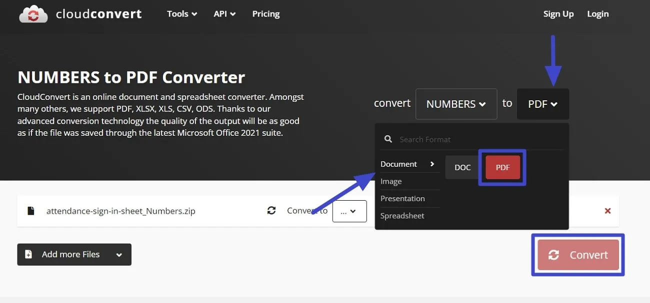 numbers to pdf hit the convert button